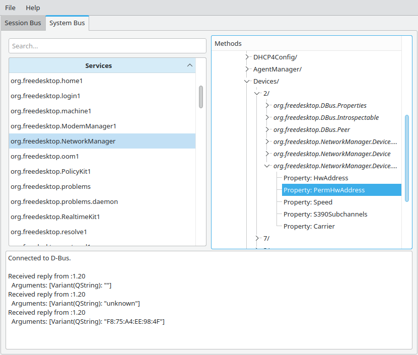 Screenshot of QDbusViewer